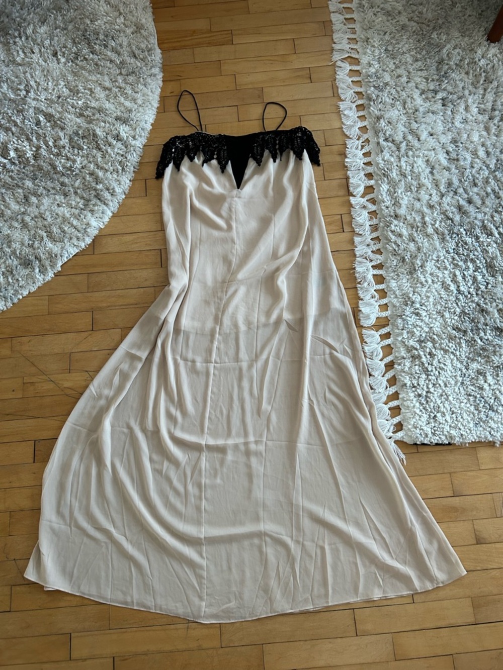 Aakaa Cream Maxi Dress with Black Crochet Details